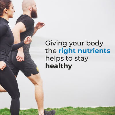 Active adult man and woman running, embodying the health benefits of Biogenique's nutrient-rich supplements