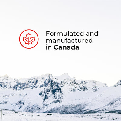 Snowy Canadian landscape with red maple leaf logo, indicating products are formulated and manufactured in Canada